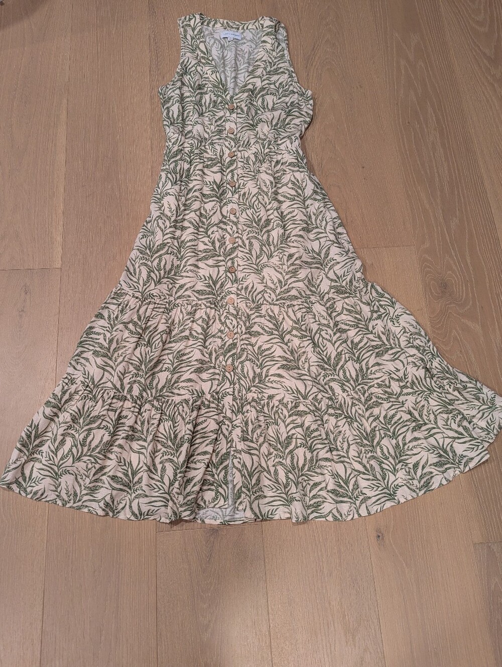 Sleeveless Button-Front Green Leaf Print Midi Dress
